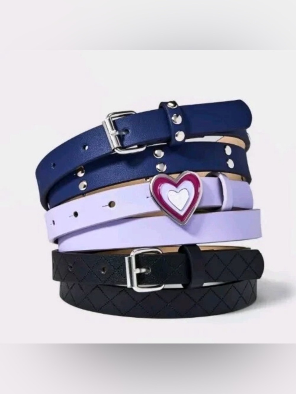 Girls' 3pk Heart Buckle Studded Embossed Belt Set Cat & Jack Blue/Purple/Black L